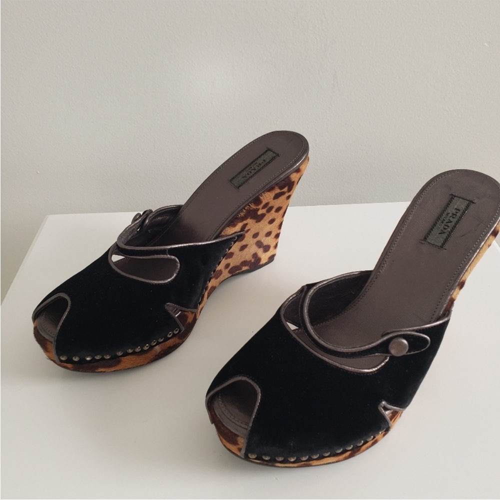 COPY - Prada Velvet and Leopard Print Studded Wedges 37.5
